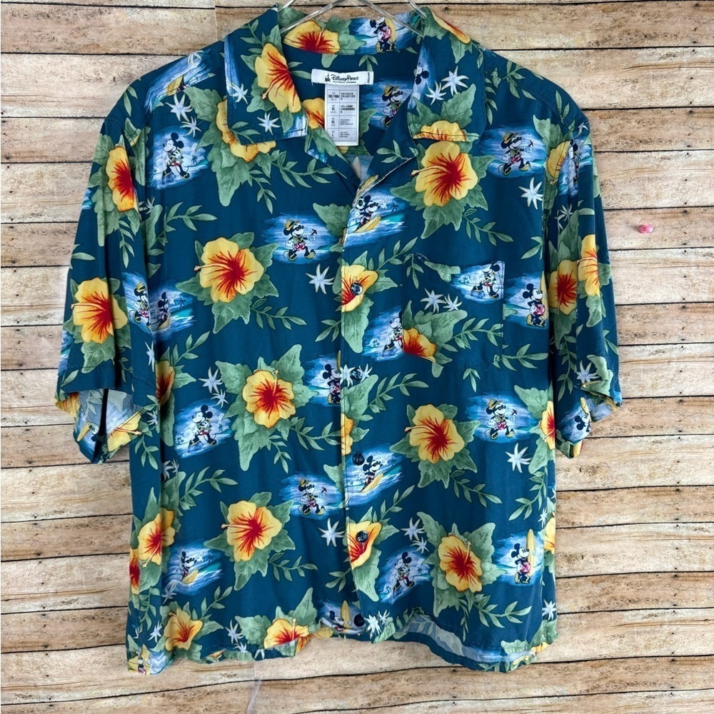 Disney Parks Shirt Mens Small Hawaiian Mickey Mouse Blue Button Up Rayon XL